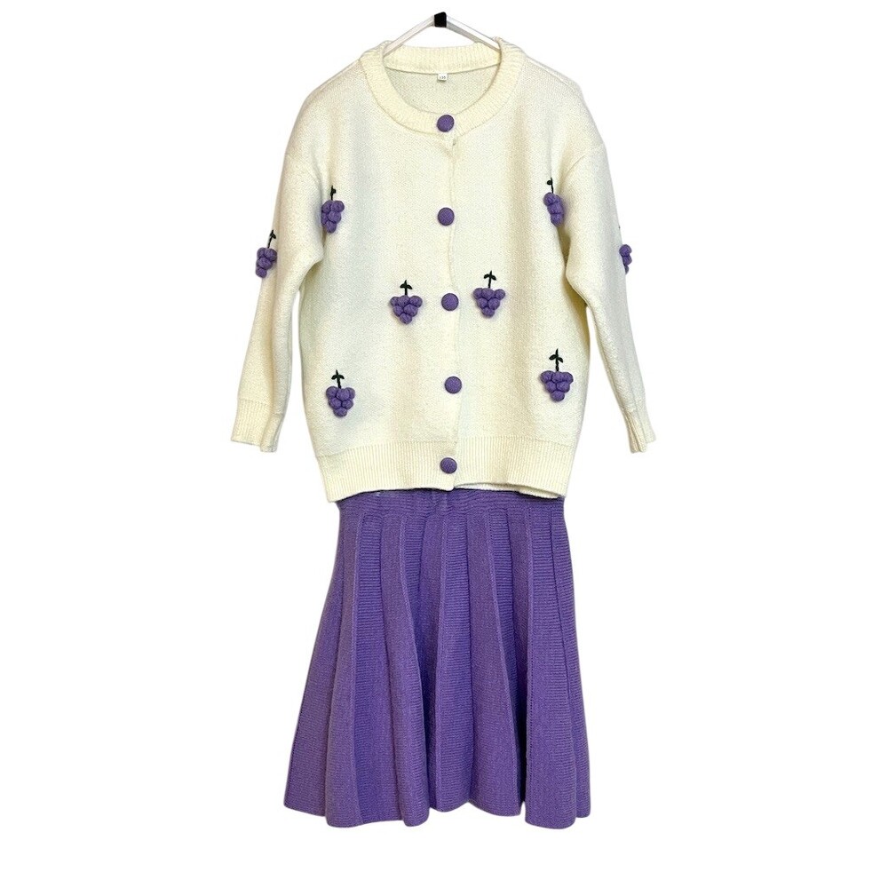 Girls 8 Ivory Button Cardigan & Purple Grape Skirt Set Fall Picture Day Cozy